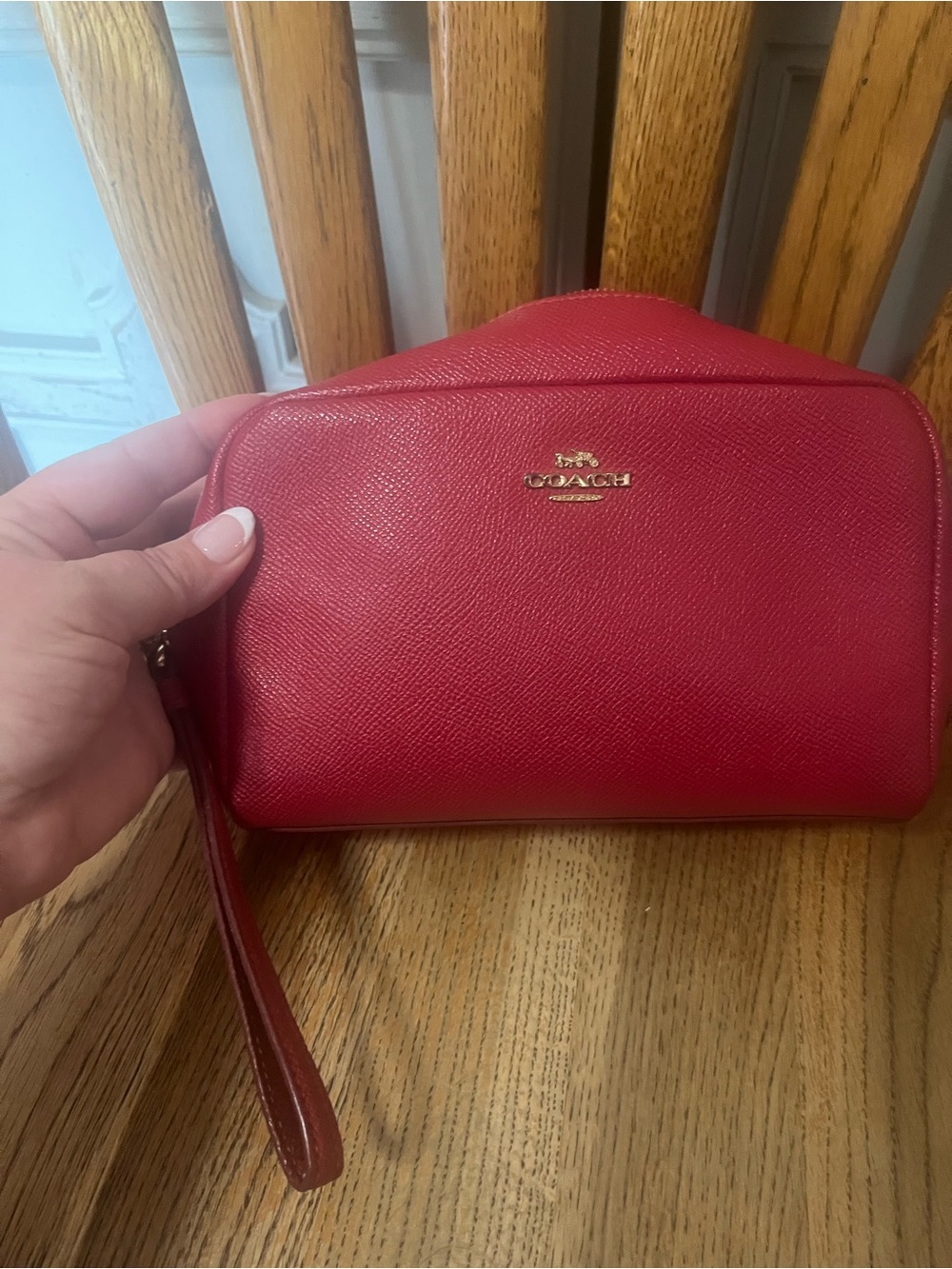 Coach Red Saffiano Leather Wristlet Pouch with Gold Logo - Picture 2 of 4